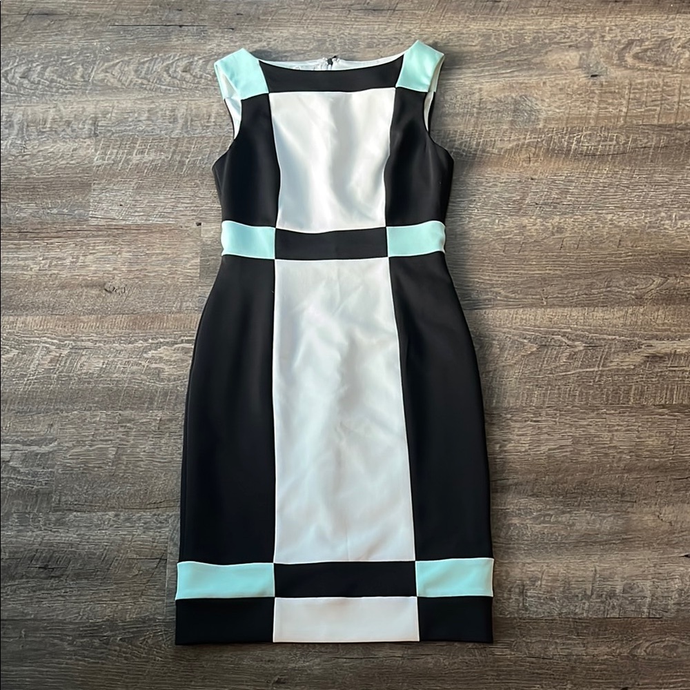 Maggy London Black and White Sheath Dress Sleeveless Square Neck